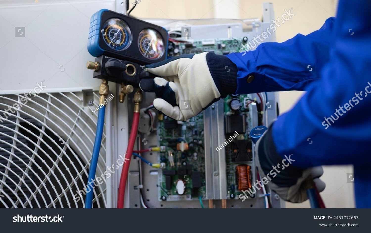stock photo close up air conditioner s technician hand check fill refrigerant liquid and maintenance condensor 2451772663